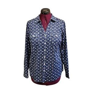 Croft & Barrow Size Large Long Sleeve Novelty ⁿSwan Print Navy V-Neck Button Up